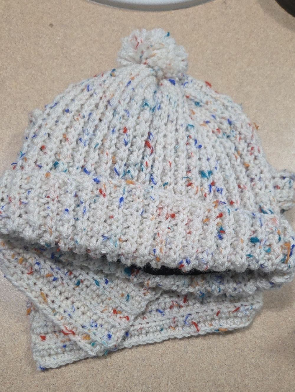 Hand Knitted Pom Pom Beanie and Neck Warmer Set - Cream with Multicolor Speckles